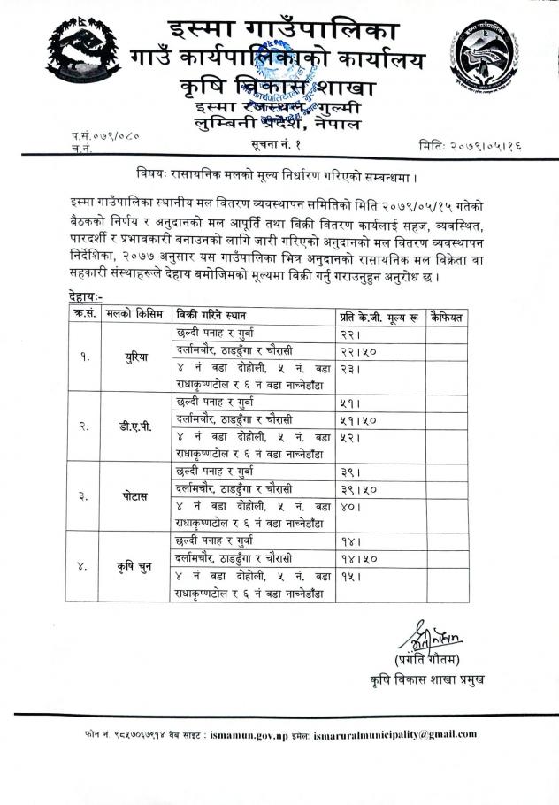 रासायनिक मलको मूल्य निर्धारण गरिएको सम्बन्धि सूचना ।